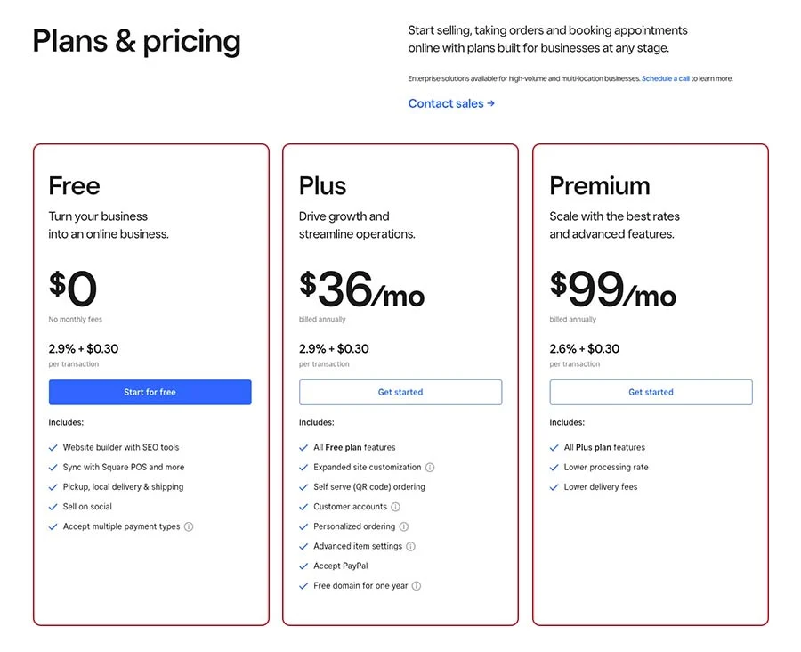 Screenshot of Square's Pricing that shows column grid system