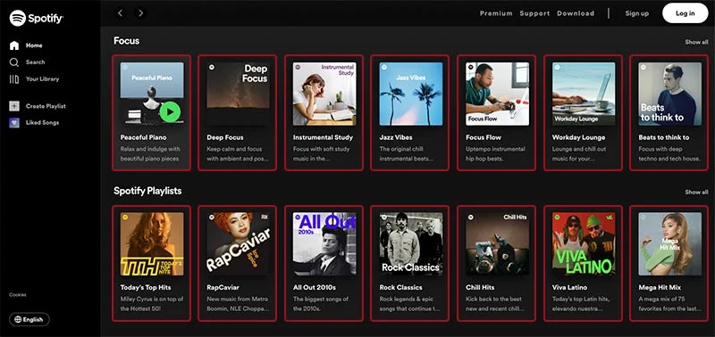 Screenshot of Spotify's homepage that presents tracks, albums, and playlists within modules.