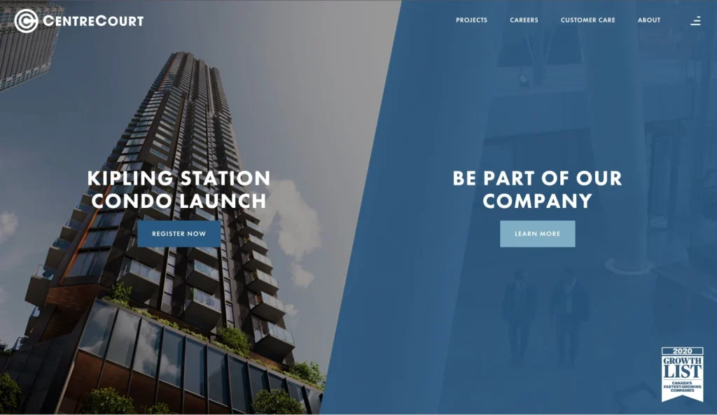 A screenshot of CentreCourt's website with a navigation menu and split calls to action