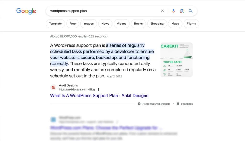Ankit Design's website ranking in the featured snippet spot optimized for search engine optimization and accessibility
