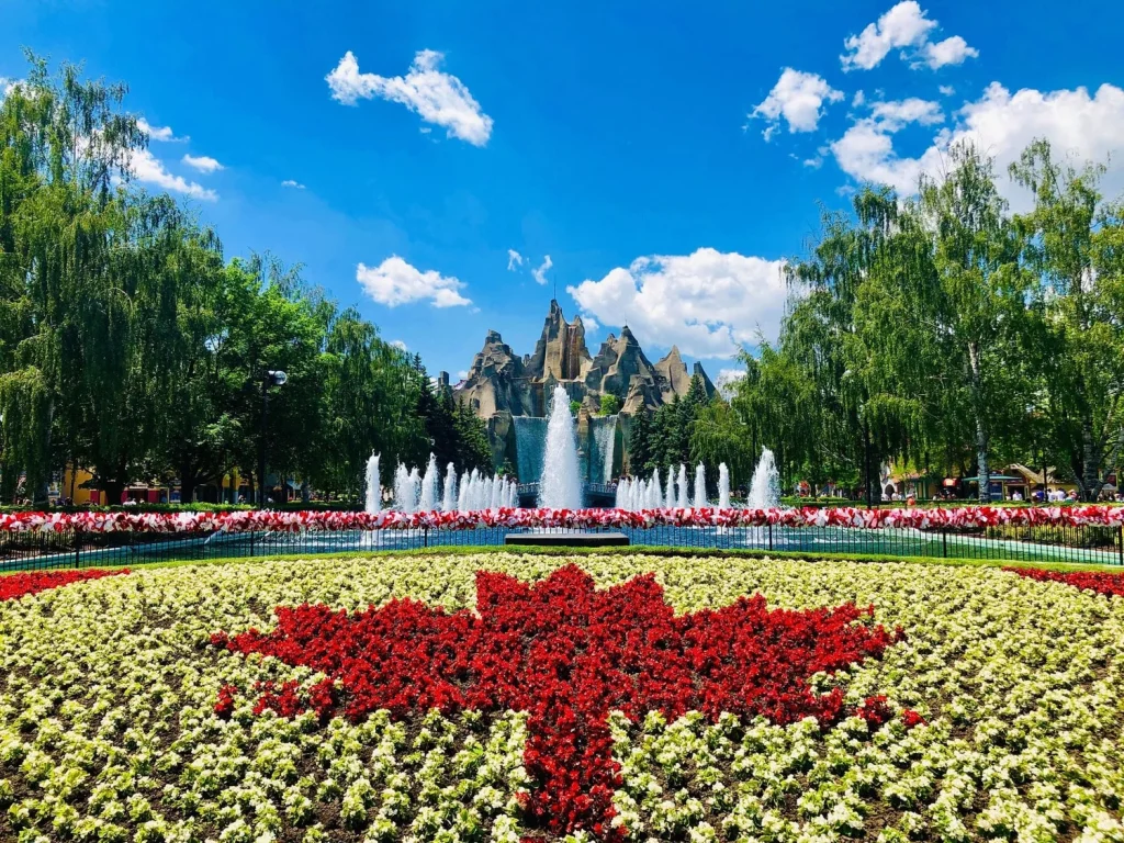View of mountain and fountain at Canada's Wonderland Amusement Park